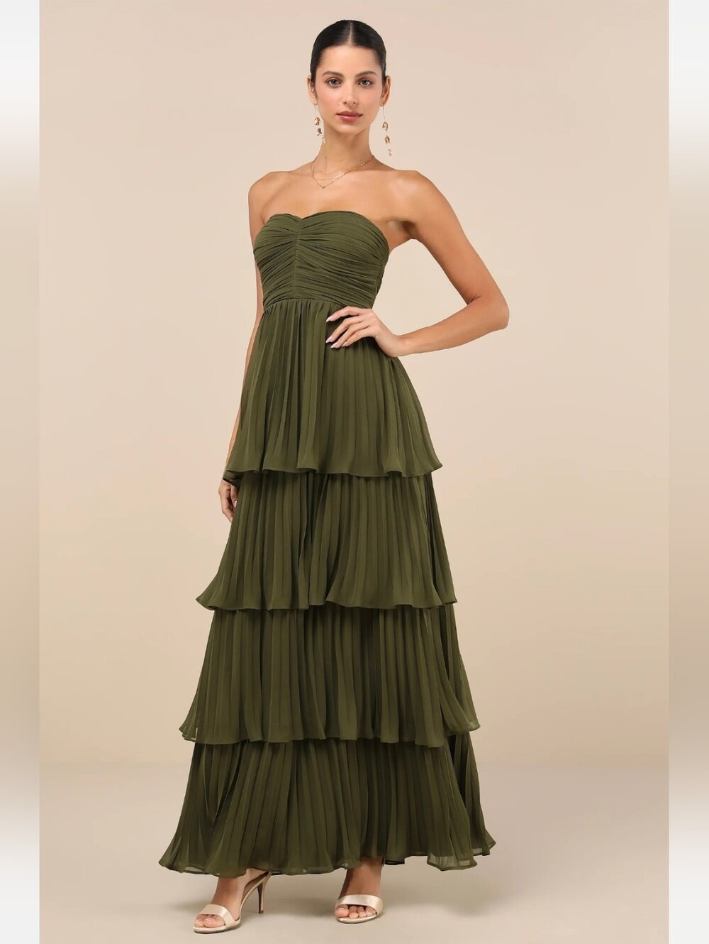 Lulu's Seriously Sensational Olive Green Strapless Tiered Maxi Dress XS Or XXS